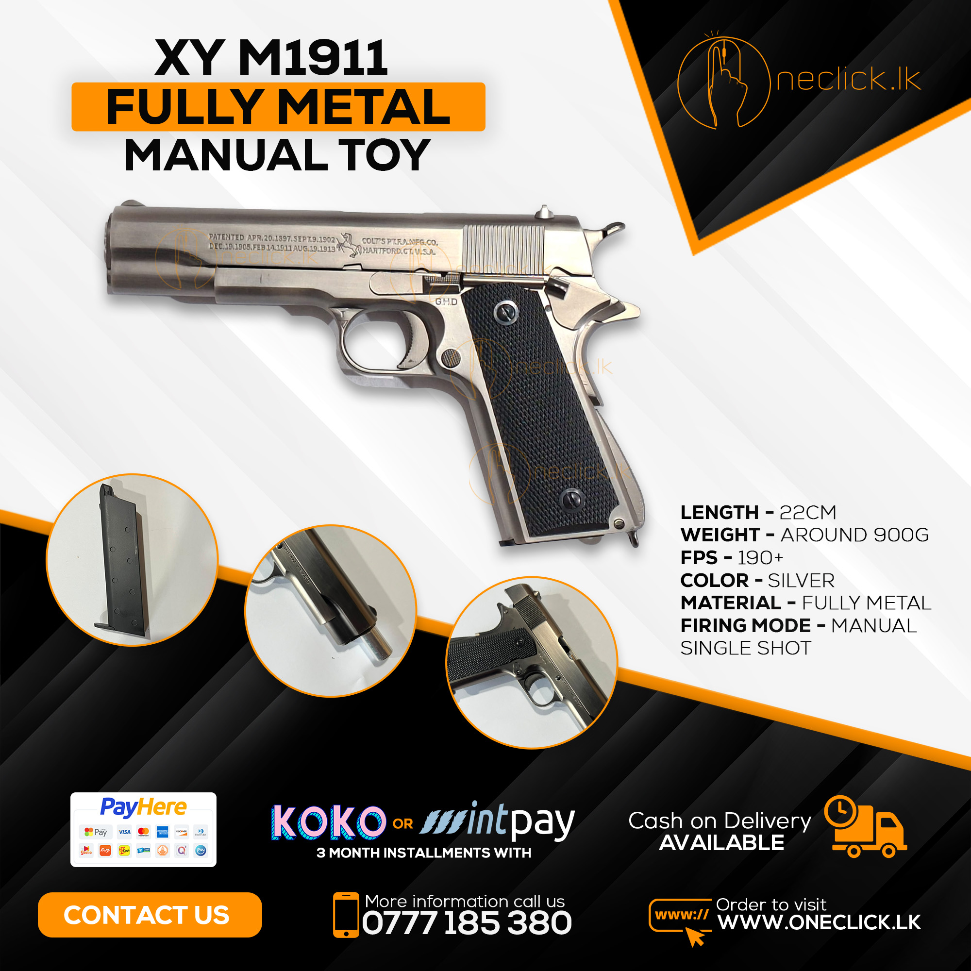 XY Colt 1911 Metal Manual toy gun Silver (1:1 Scale)