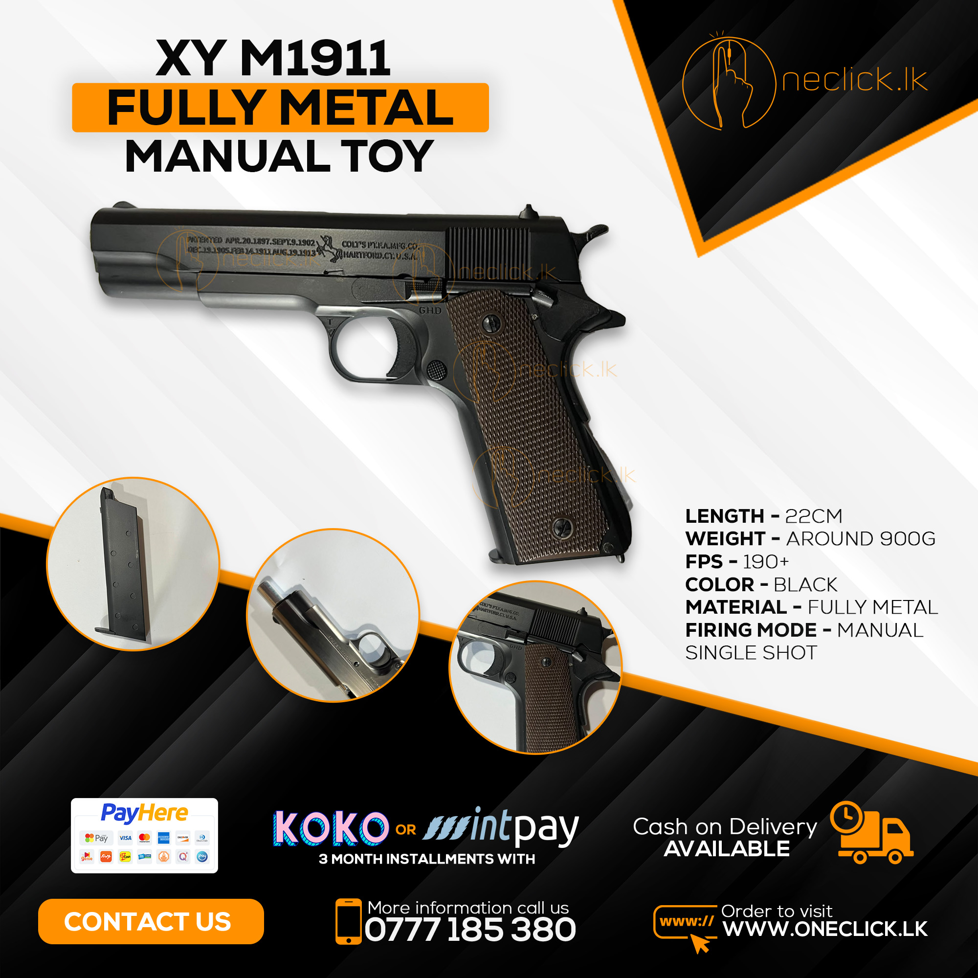 XY Colt 1911 Metal Manual toy gun black (1:1 Scale)